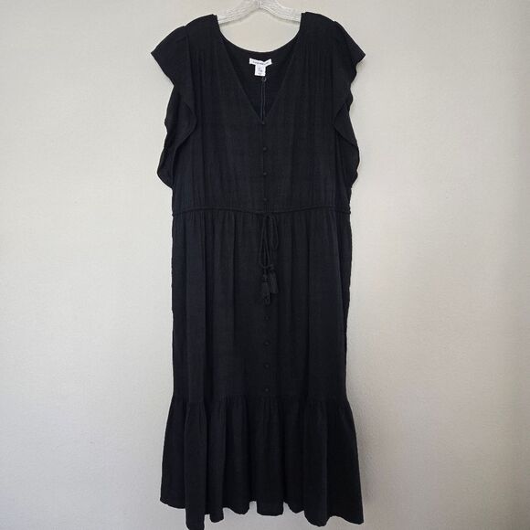 Lucky Brand Black Flutter Sleeves V-Neck Tiered Midi Dress Size 2X - Picture 1 of 10
